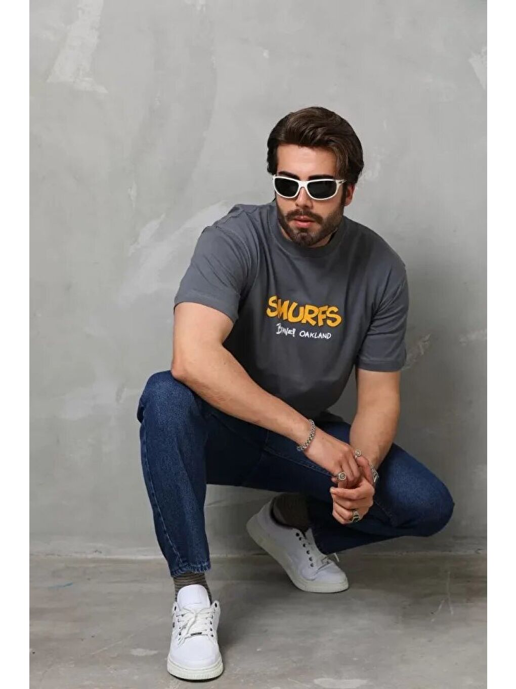 Gri Unisex Basic Bisiklet Yaka Oversize T-Shirt - Füme-2