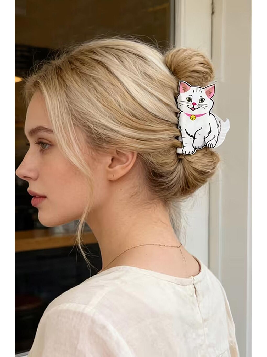 Beyaz Pamuk Kedicik Asetat Mandal Toka-4