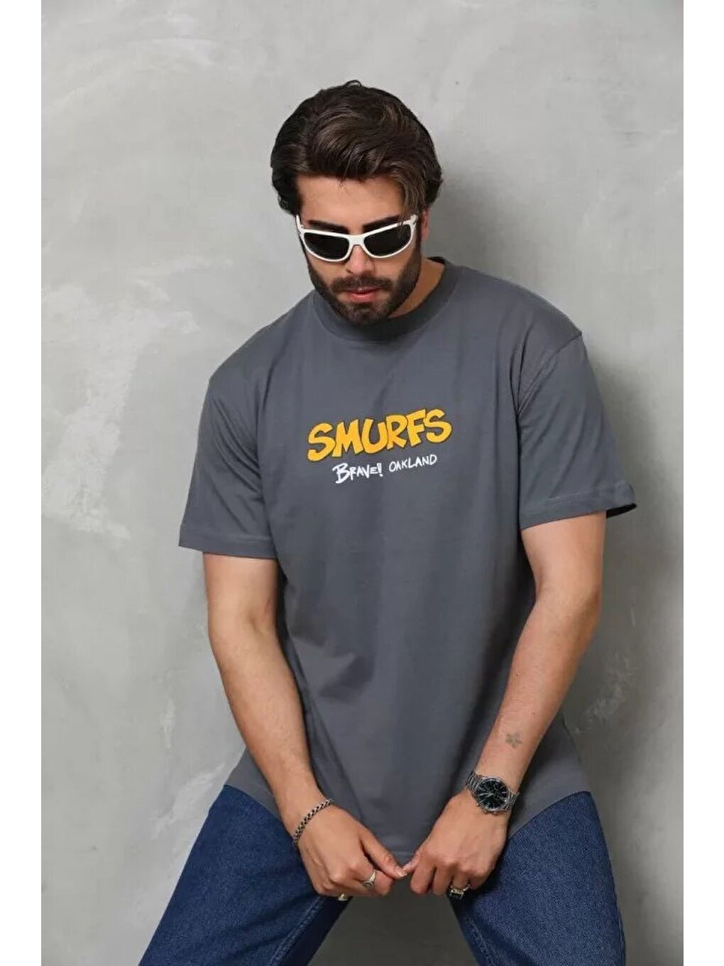 Gri Unisex Basic Bisiklet Yaka Oversize T-Shirt - Füme-3