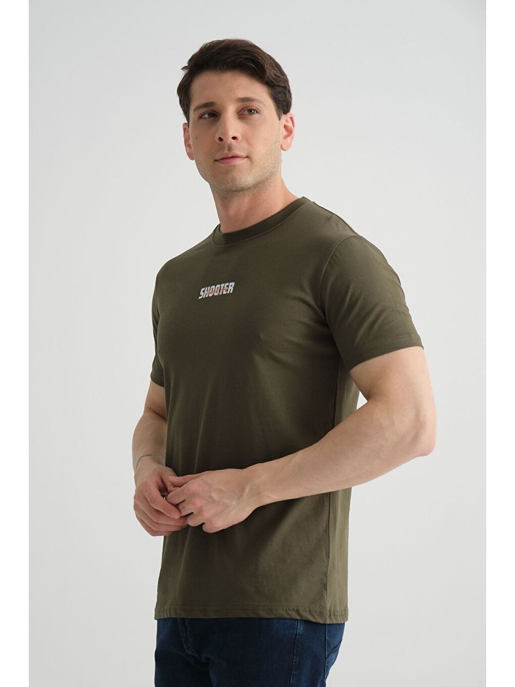 Haki Shooter Erkek T-Shirt Minimal Baskılı Pamuklu Kumaş Standart Kalıp-3