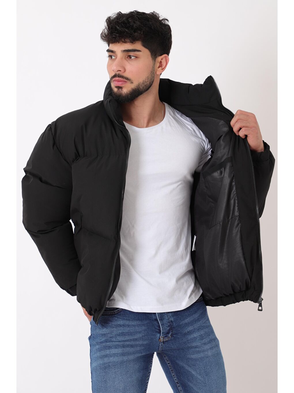 Siyah Dik Yaka Oversize Bomber Şişme Kışlık Mont PLDP 3018_50465-5