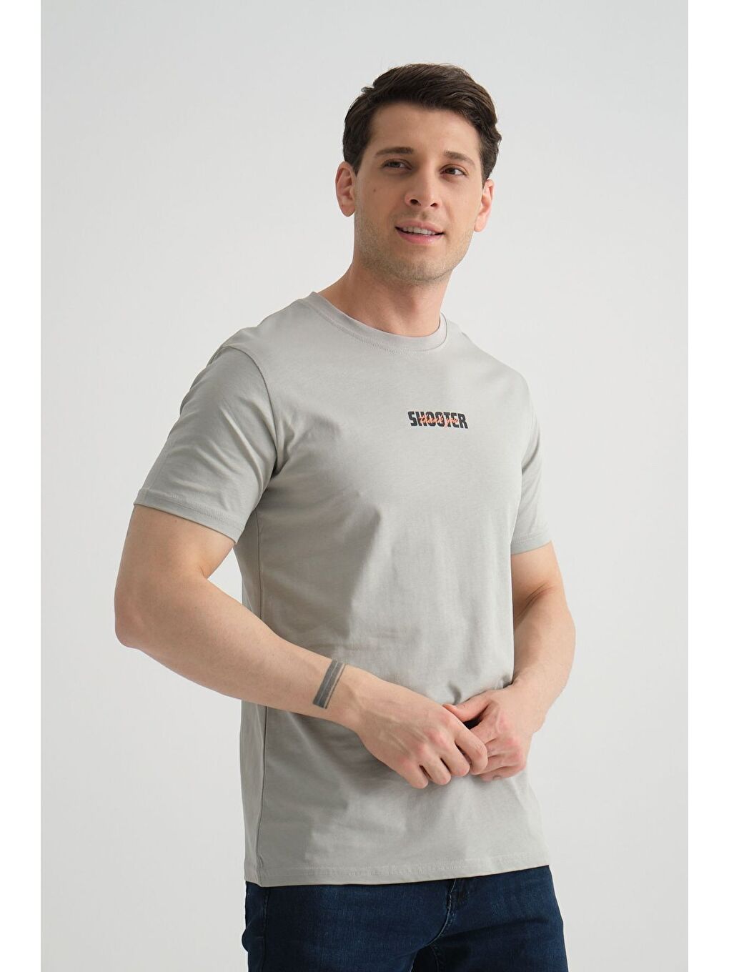 Gri Shooter Erkek T-Shirt Minimal Baskılı Pamuklu Kumaş Standart Kalıp-4