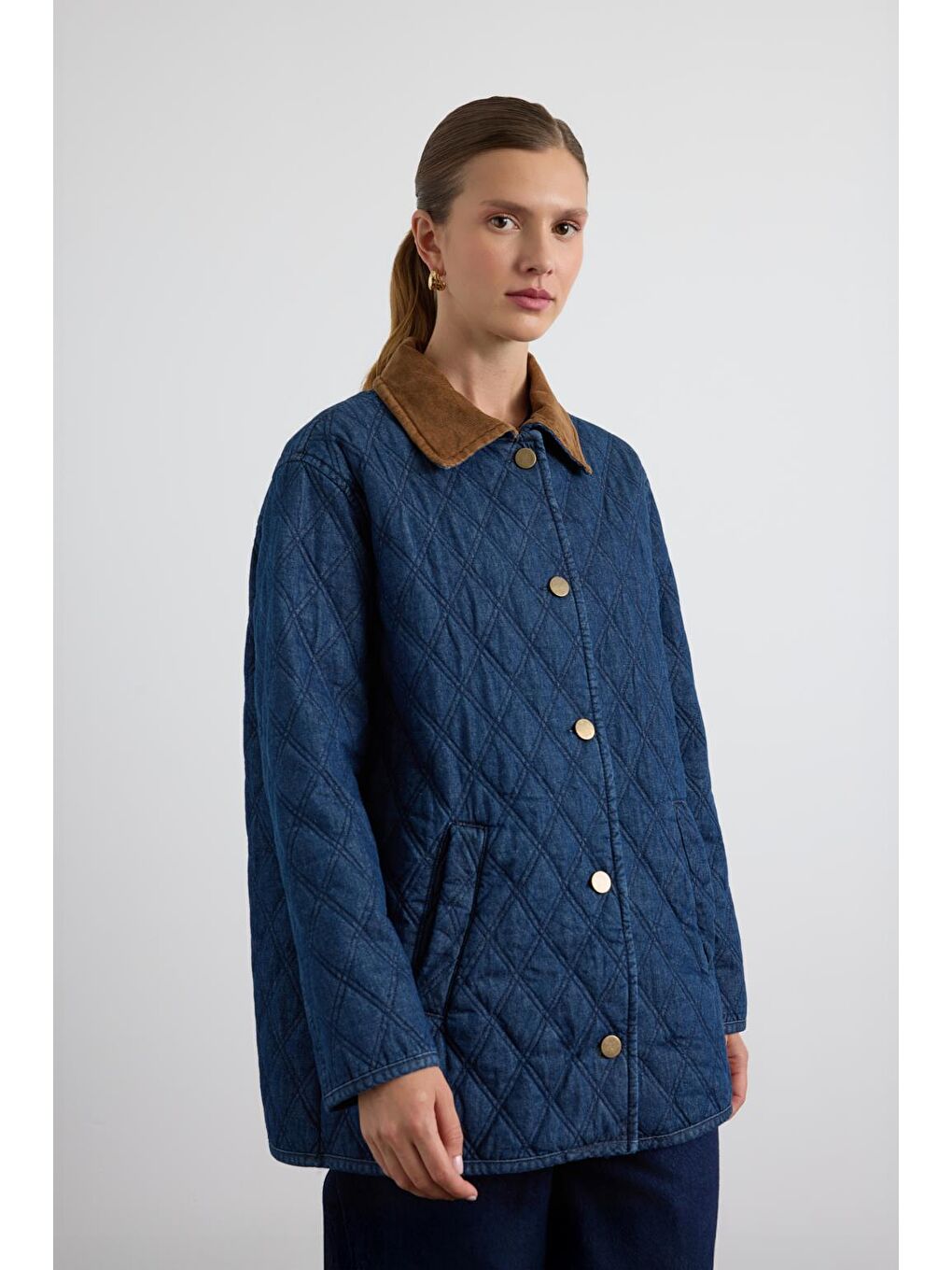 Kadife Yakalı Fileto Cepli Kapitone Ceket Mont Koyu Mavi