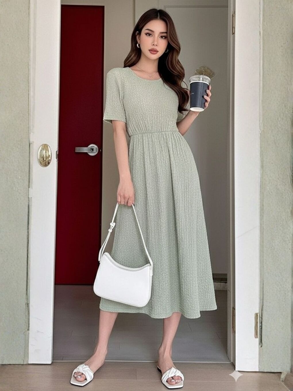 Kadın Yeşil Bürümcük Detay Kısa Kollu Midi Boy Elbise