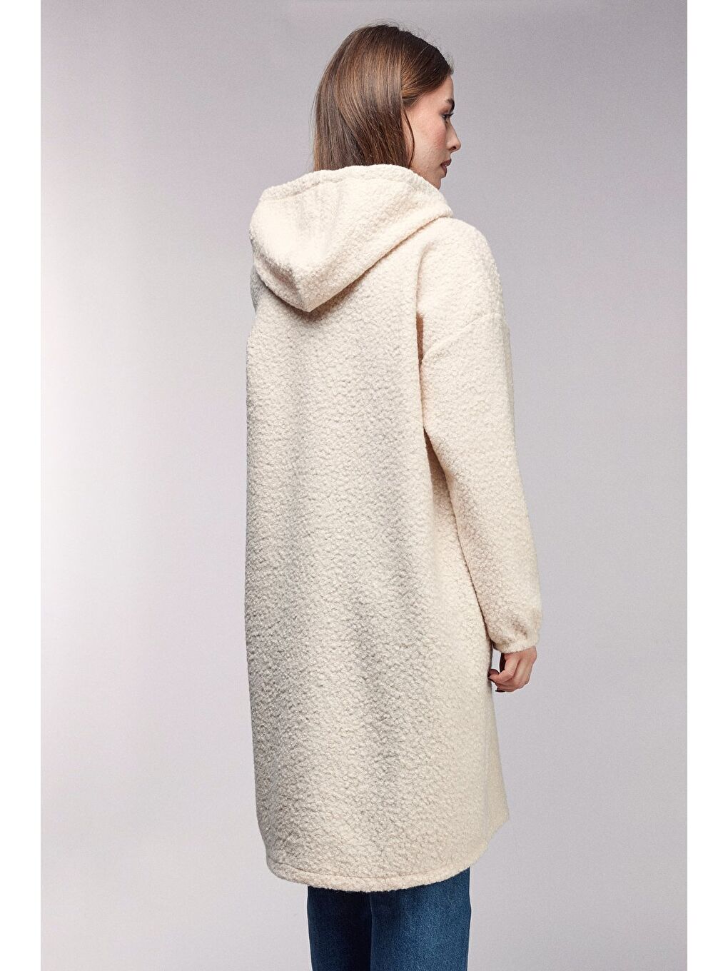 Bej Taş Oversize Kapüşonlu Fermuarlı Pelüş Uzun Hırka-4