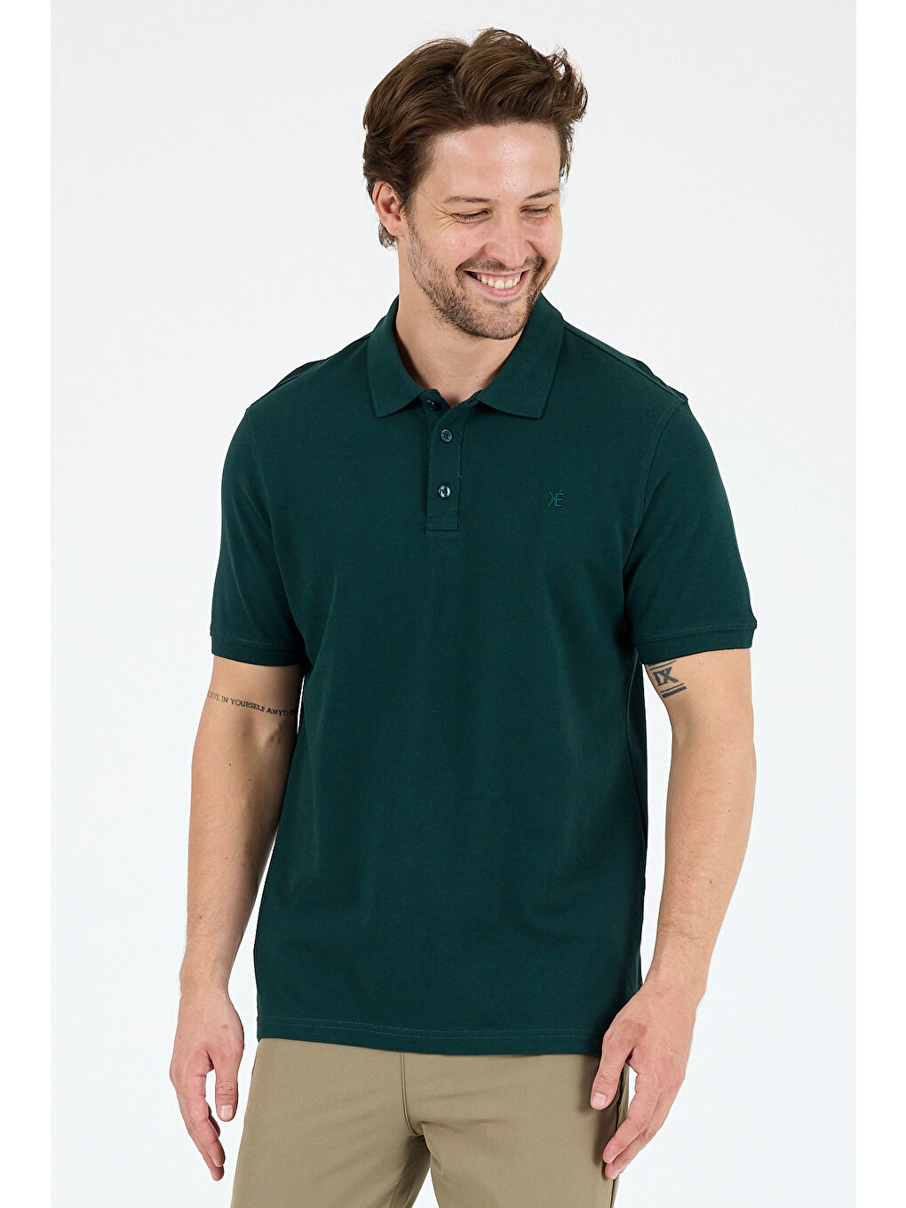Yeşil Polo Yaka Kısa Kollu Pike Erkek %100 Pamuk Tişört-1
