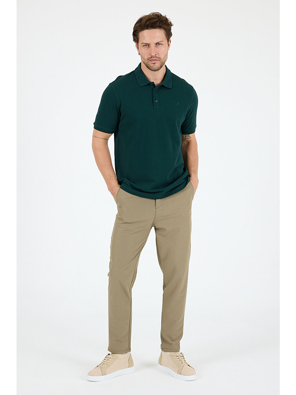 Yeşil Polo Yaka Kısa Kollu Pike Erkek %100 Pamuk Tişört-2