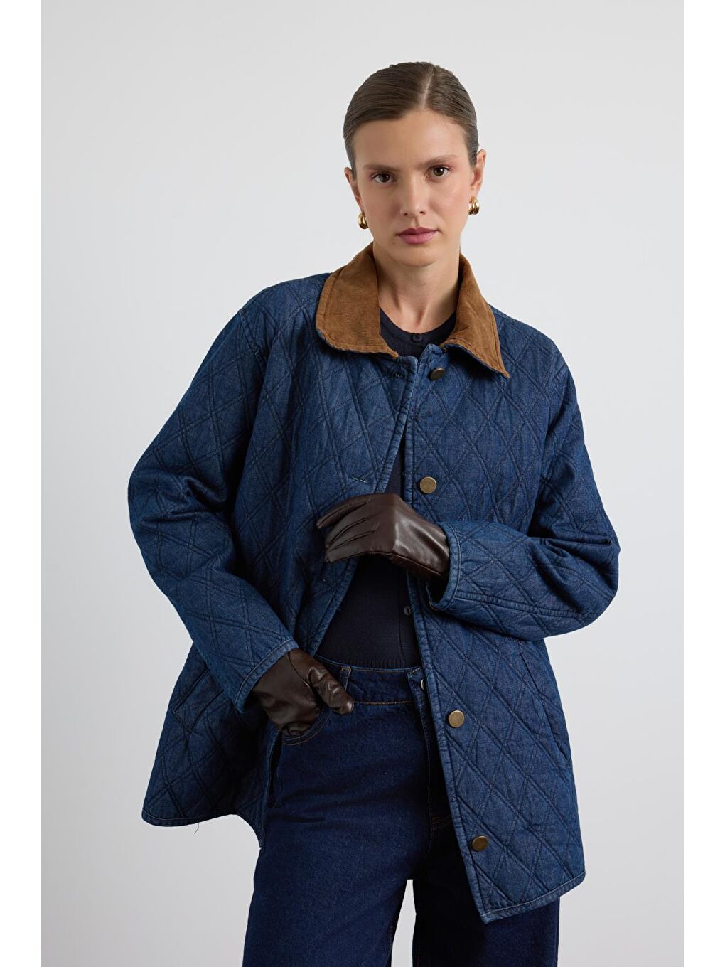 Kadife Yakalı Fileto Cepli Kapitone Ceket Mont Koyu Mavi-2