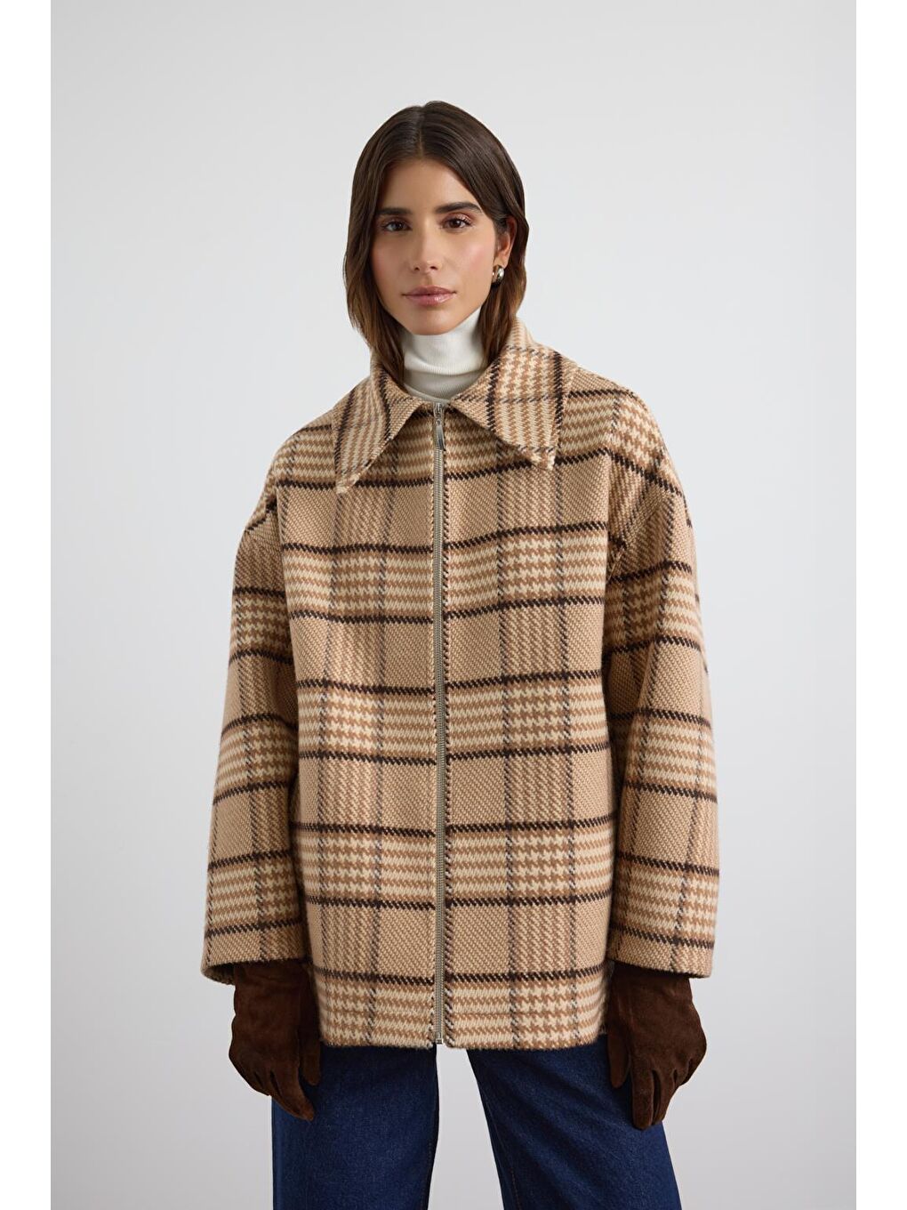 Kahverengi Kürk Yakalı Ekose Desen Bomber Ceket Camel-1