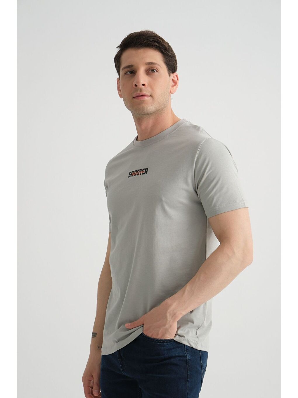 Gri Shooter Erkek T-Shirt Minimal Baskılı Pamuklu Kumaş Standart Kalıp-6