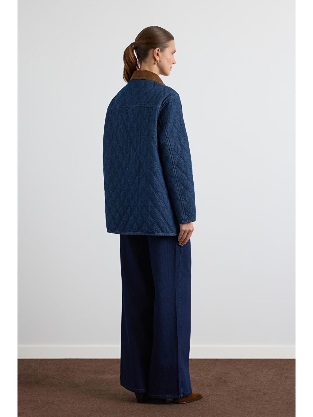 Kadife Yakalı Fileto Cepli Kapitone Ceket Mont Koyu Mavi-3