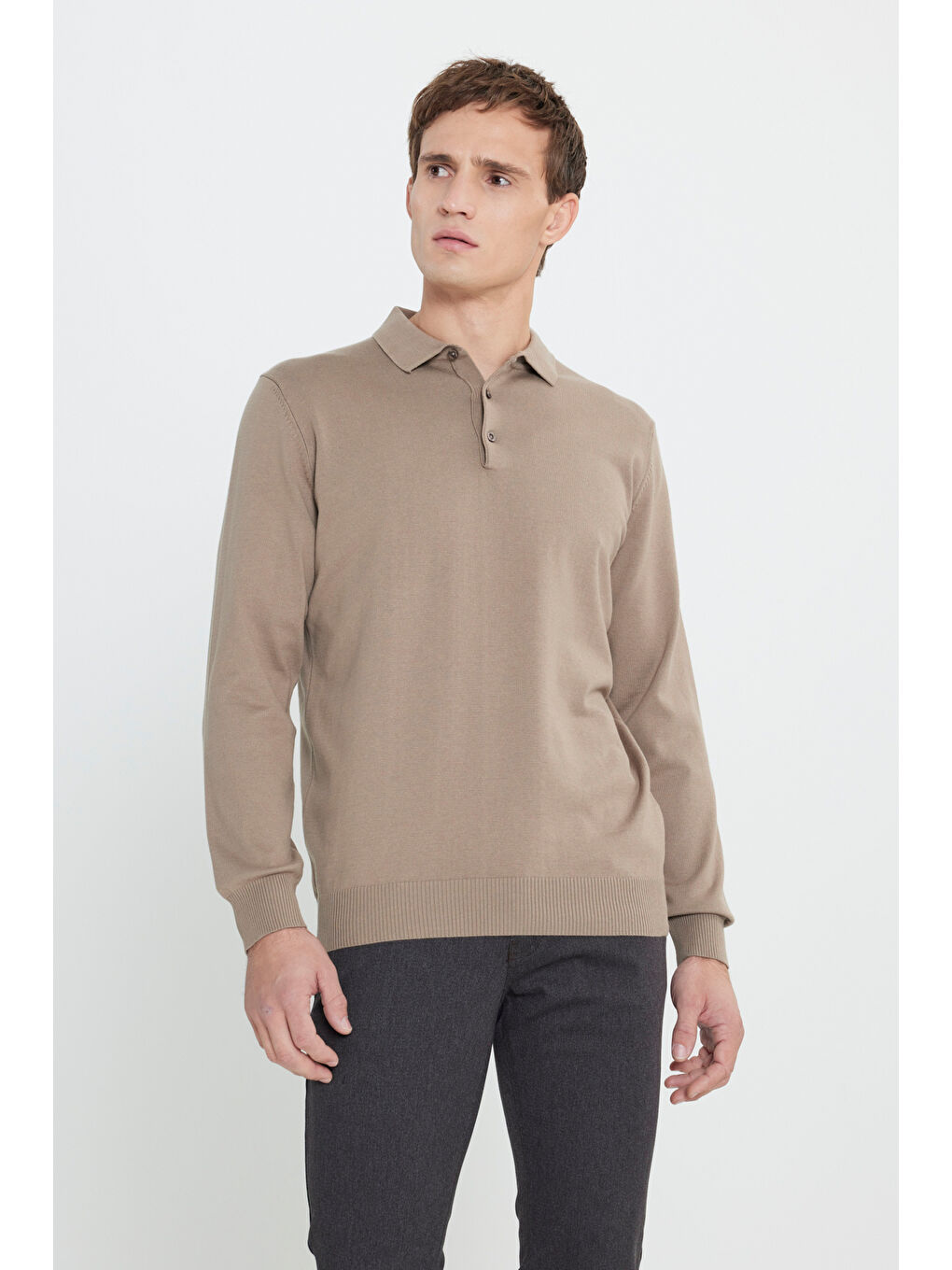 Bej Erkek Vizon Pamuklu Standart Fit Normal Kesim Polo Yaka Triko Kazak