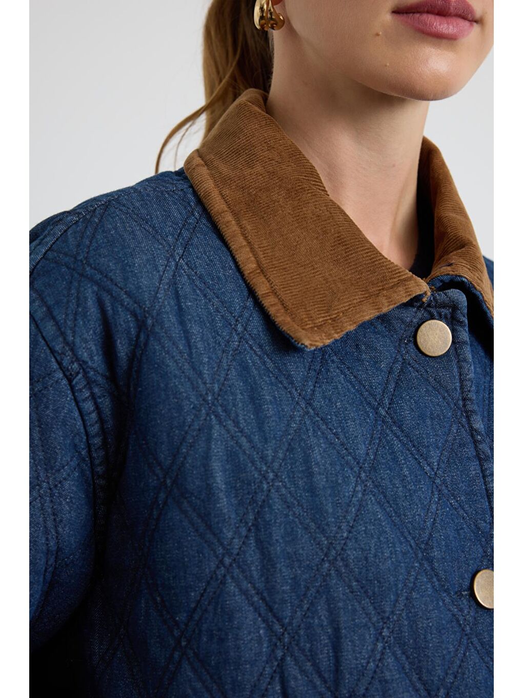 Kadife Yakalı Fileto Cepli Kapitone Ceket Mont Koyu Mavi-4