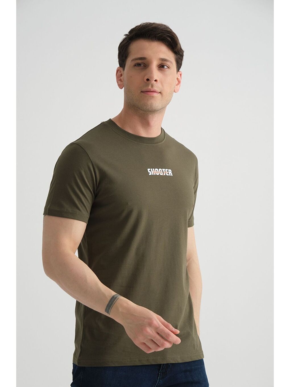 Haki Shooter Erkek T-Shirt Minimal Baskılı Pamuklu Kumaş Standart Kalıp-6