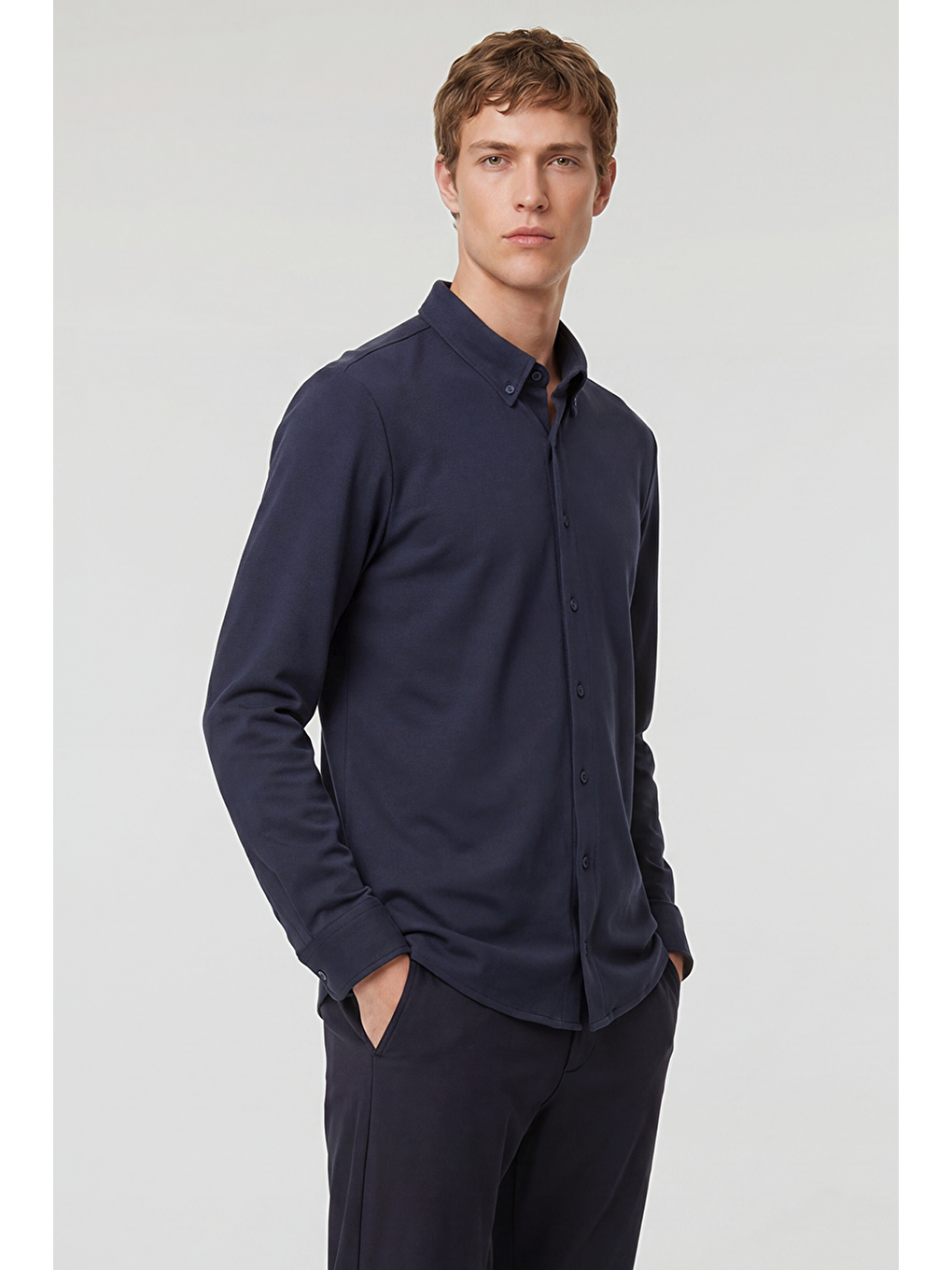 Lacivert Pamuklu Dar Kesim Örme Gömlek