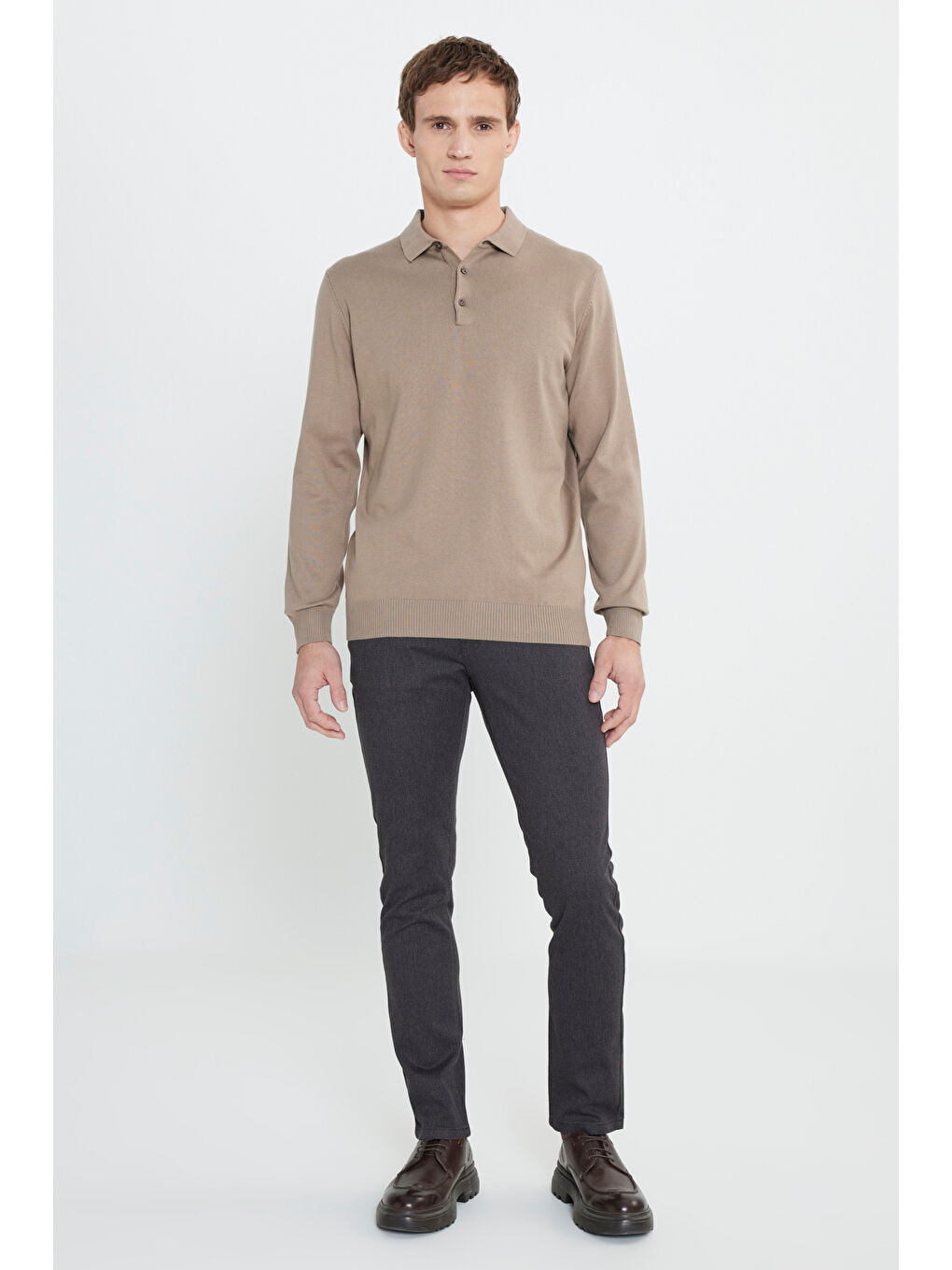 Bej Erkek Vizon Pamuklu Standart Fit Normal Kesim Polo Yaka Triko Kazak-1