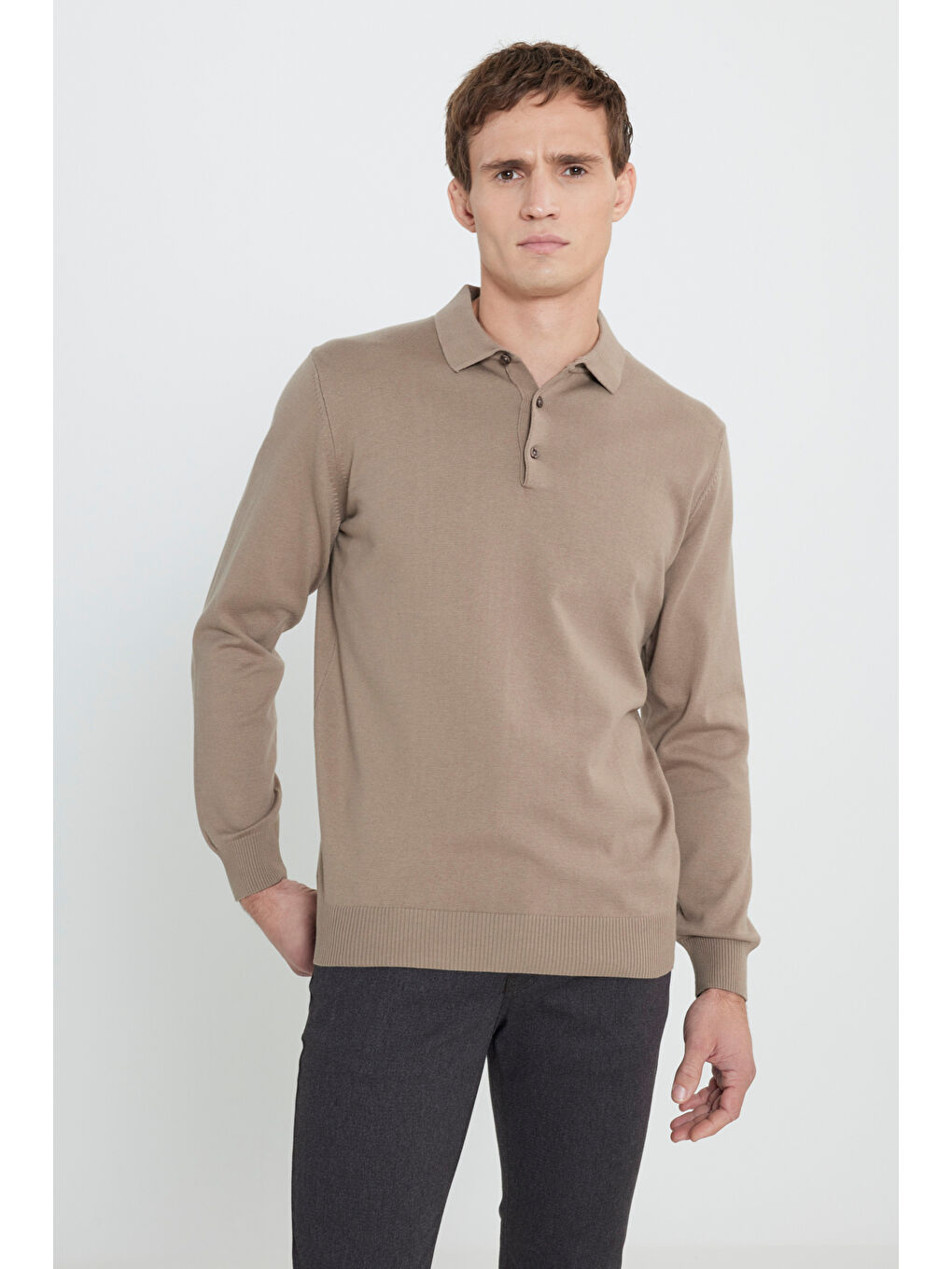 Bej Erkek Vizon Pamuklu Standart Fit Normal Kesim Polo Yaka Triko Kazak-2