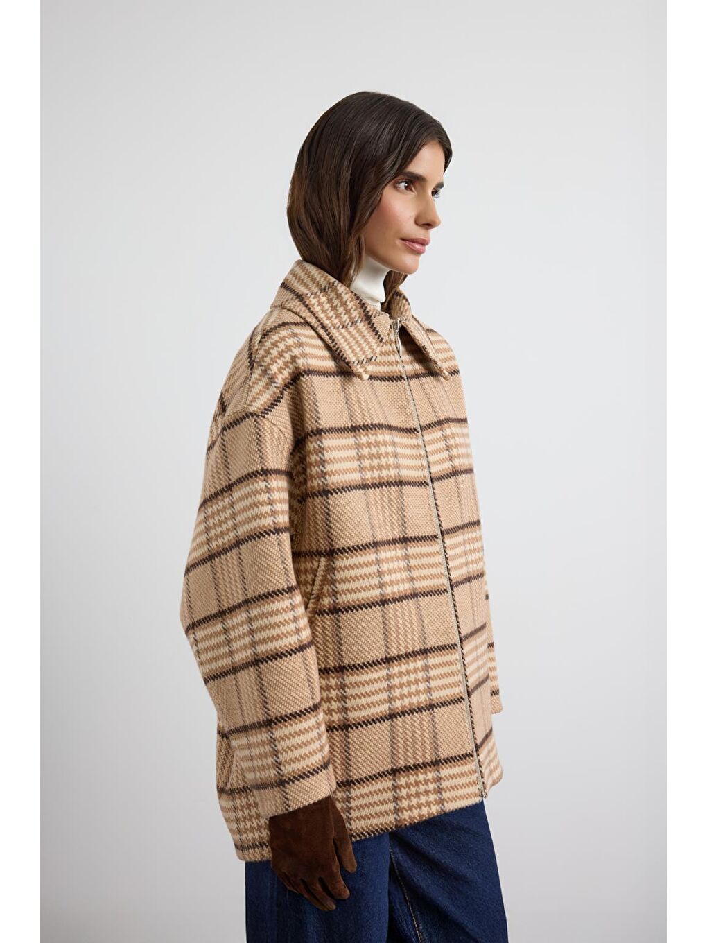 Kahverengi Kürk Yakalı Ekose Desen Bomber Ceket Camel-5