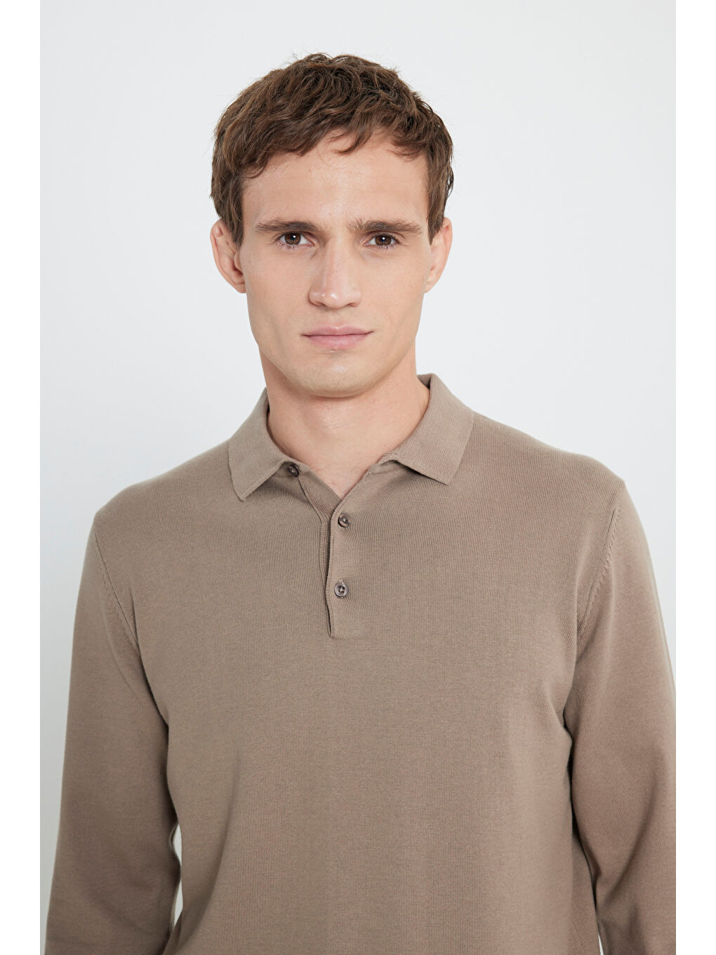 Bej Erkek Vizon Pamuklu Standart Fit Normal Kesim Polo Yaka Triko Kazak-3