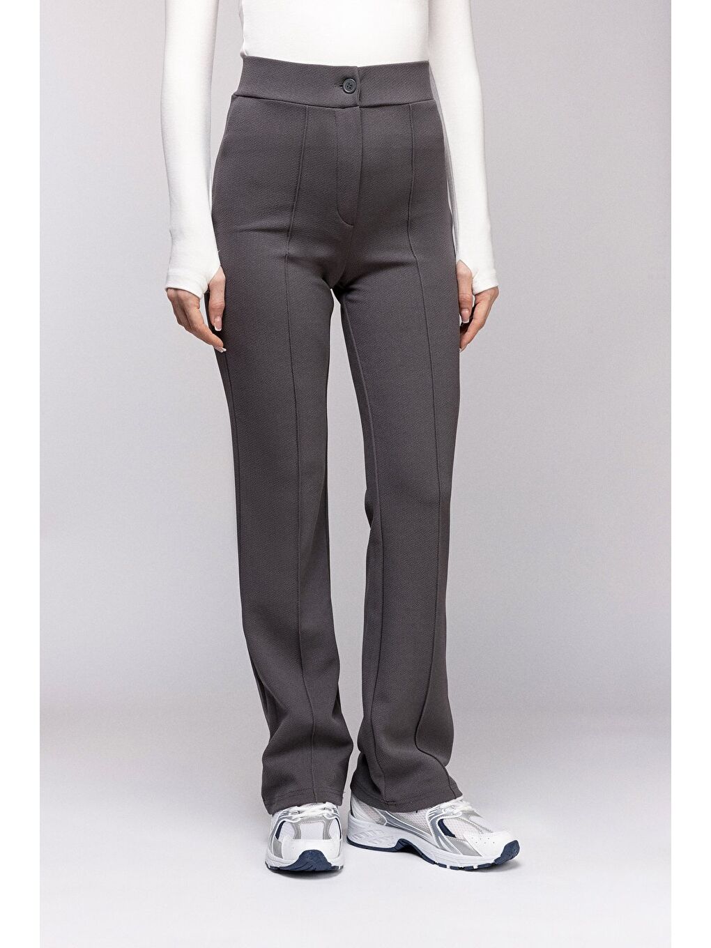 Antrasit Yüksek Bel Geniş Paça Dikiş Detaylı Pantolon