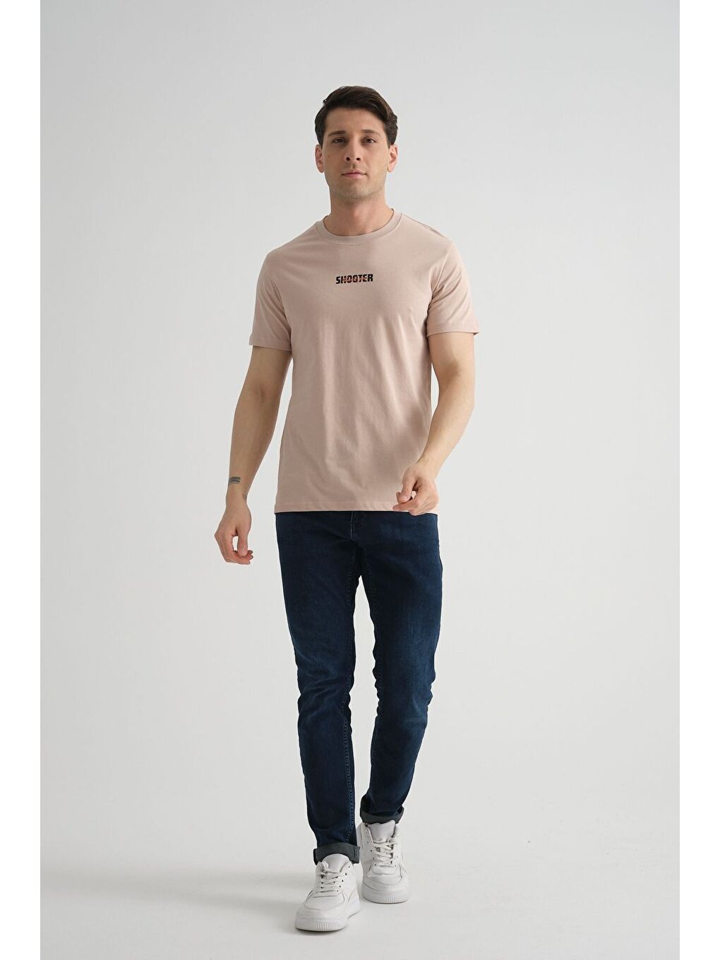 Bej Taş Shooter Erkek T-Shirt Minimal Baskılı Pamuklu Kumaş Standart Kalıp-2