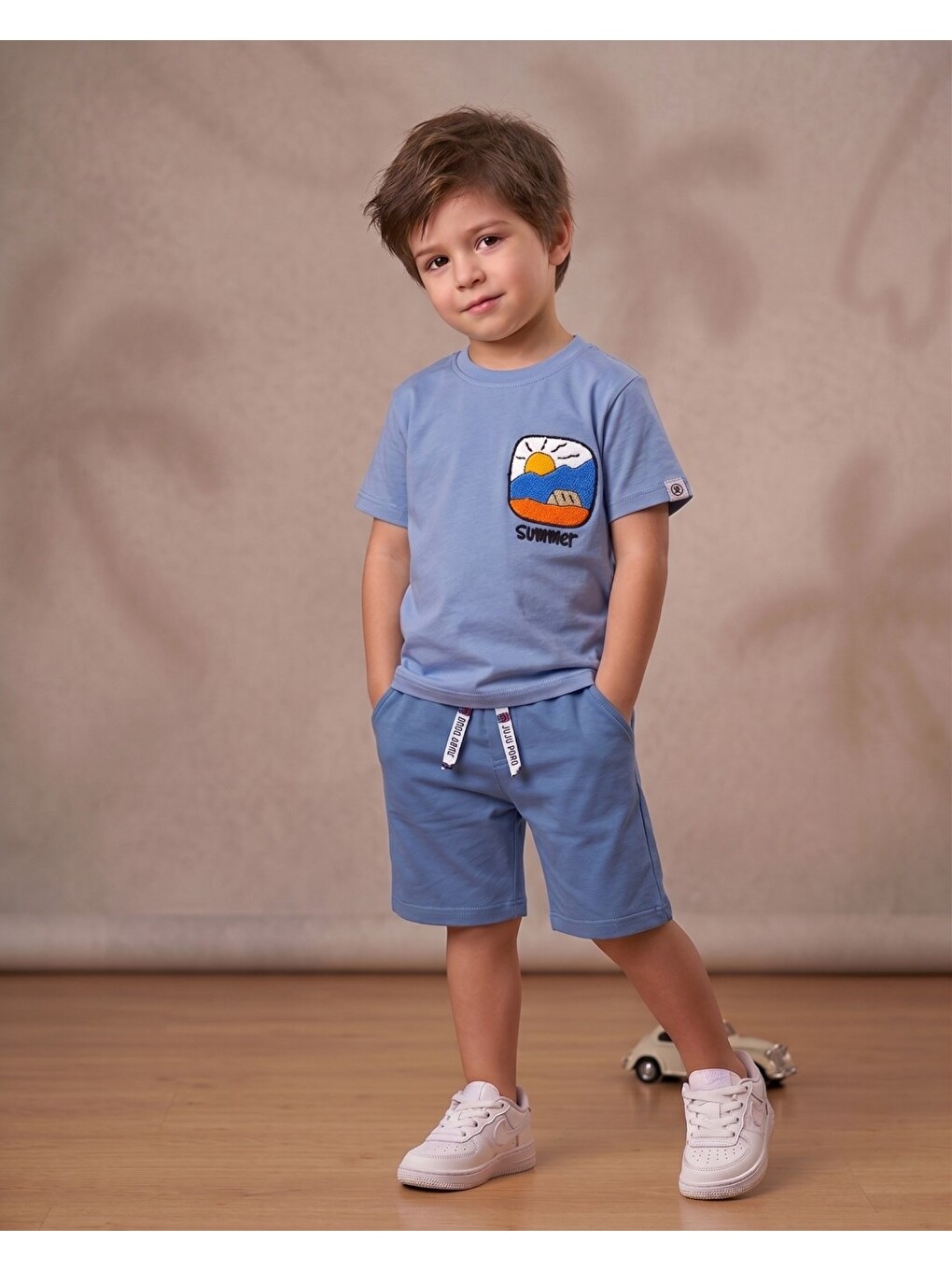 Mavi Erkek Çocuk Yazlık Nakışlı T-shirt Ve Şortlu 2'li Alt Üst Takım-1