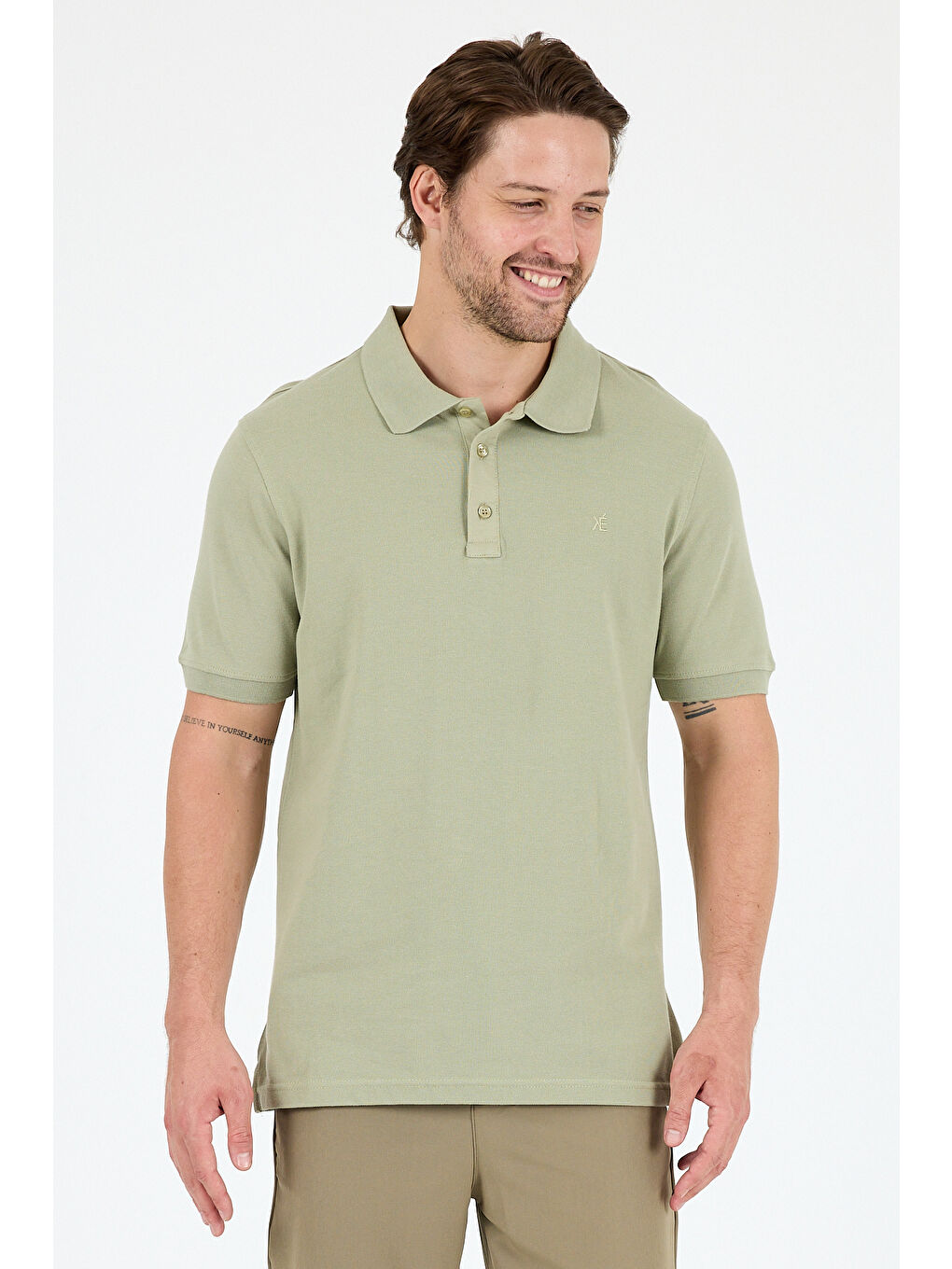 Yeşil Polo Yaka Kısa Kollu Pike Erkek %100 Pamuk Tişört-1