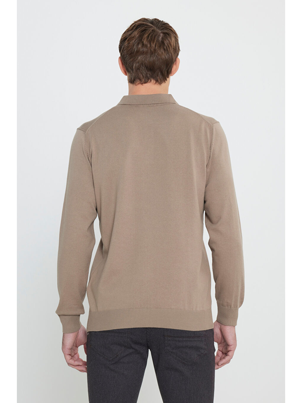Bej Erkek Vizon Pamuklu Standart Fit Normal Kesim Polo Yaka Triko Kazak-4