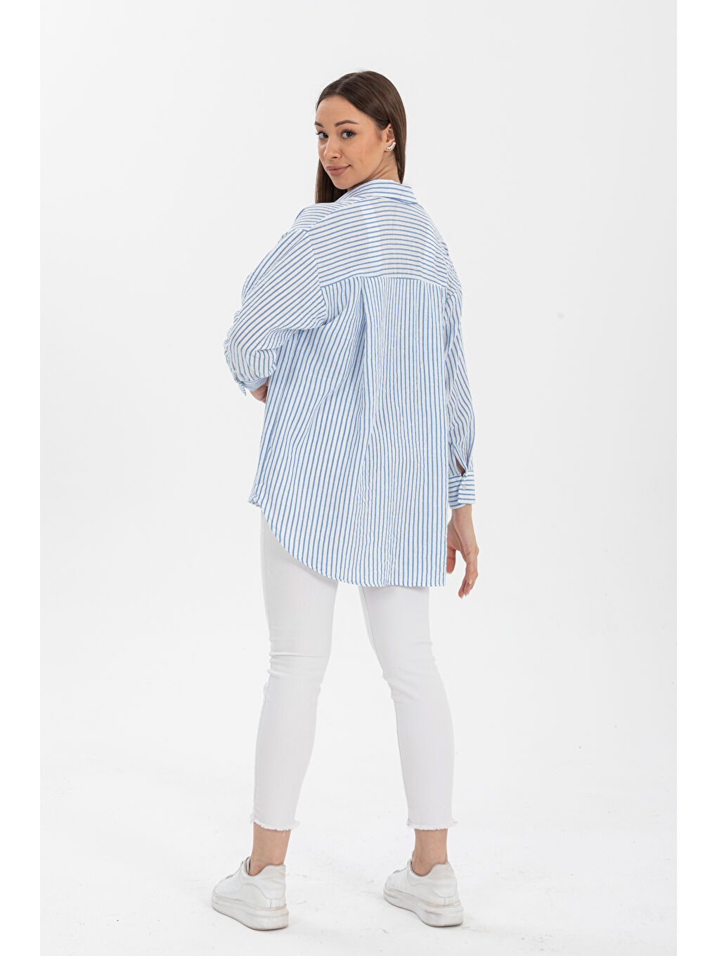 Pera Moda Mavi Luna Keten Oversize Gömlek - 1