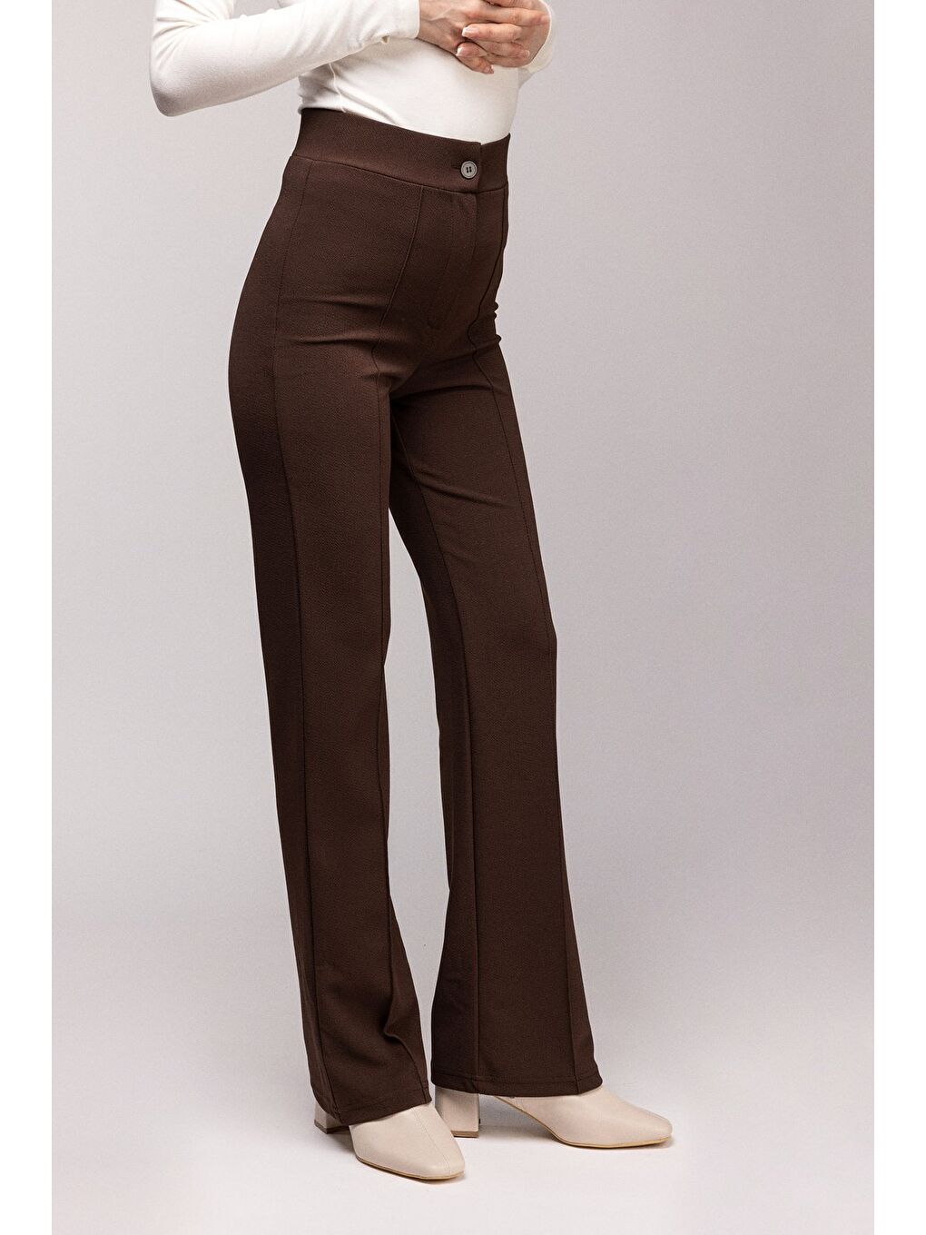 Kahverengi Yüksek Bel Geniş Paça Dikiş Detaylı Pantolon-2