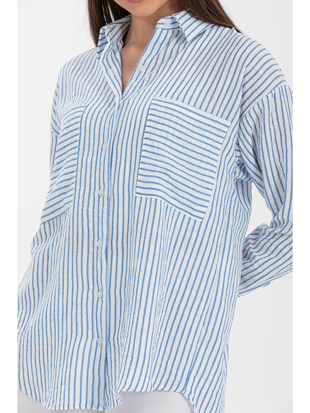 Pera Moda Mavi Luna Keten Oversize Gömlek - 2