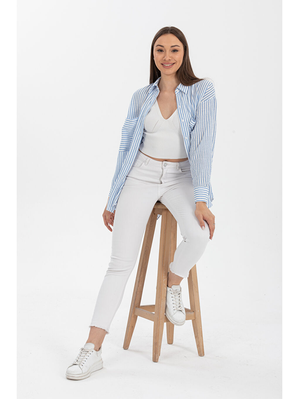 Pera Moda Mavi Luna Keten Oversize Gömlek - 3