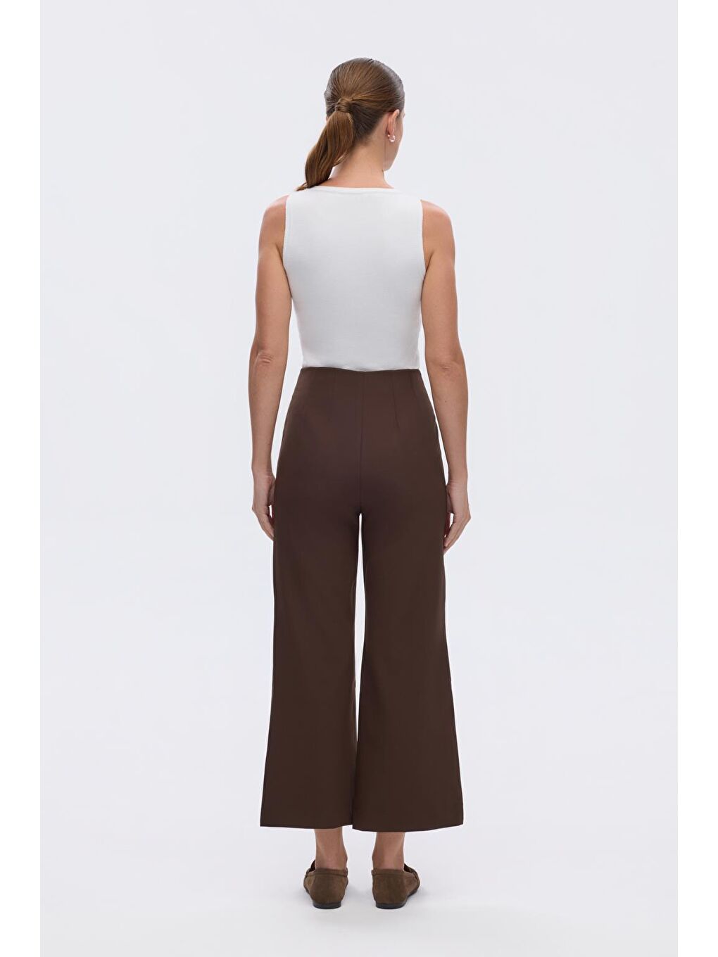 Kahverengi Yüksek Bel Fit Kesim Krep Pantolon Kahve-1