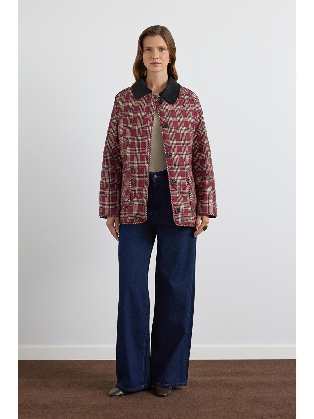 Desenli Kadife Yakalı Kapitone Ceket Mont Bordo-3