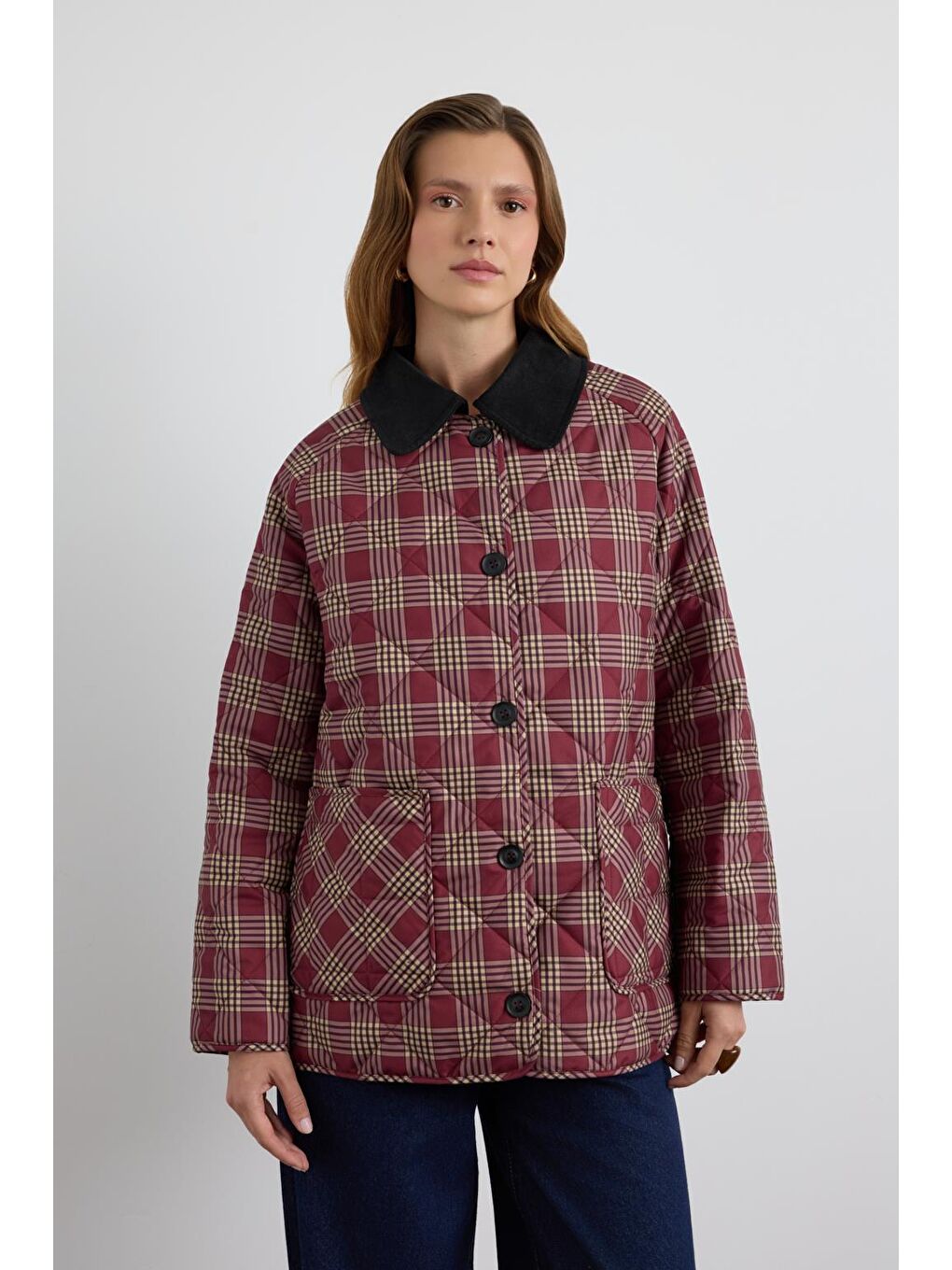 Desenli Kadife Yakalı Kapitone Ceket Mont Bordo-4