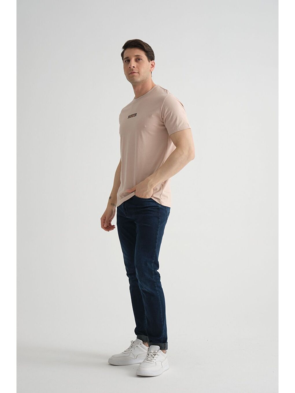 Bej Taş Shooter Erkek T-Shirt Minimal Baskılı Pamuklu Kumaş Standart Kalıp-5