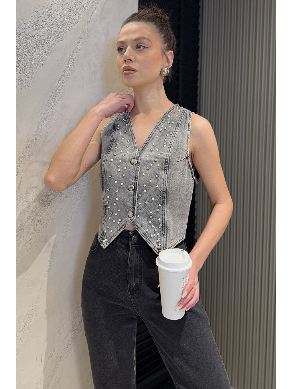Antrasit Kadın Taşlı Jean Yelek-1