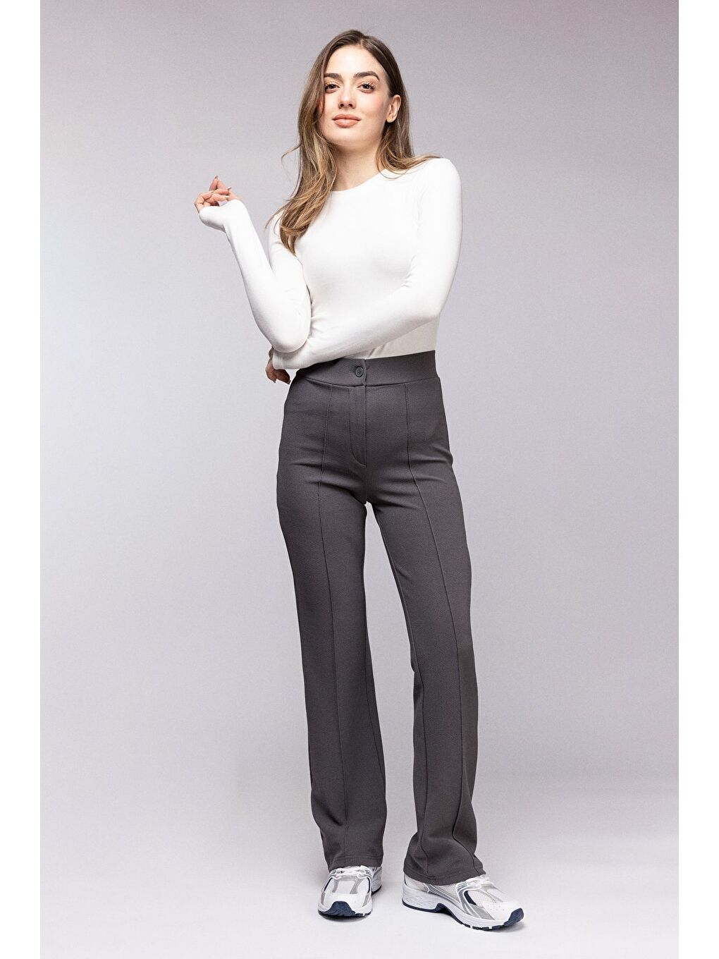 Antrasit Yüksek Bel Geniş Paça Dikiş Detaylı Pantolon-3