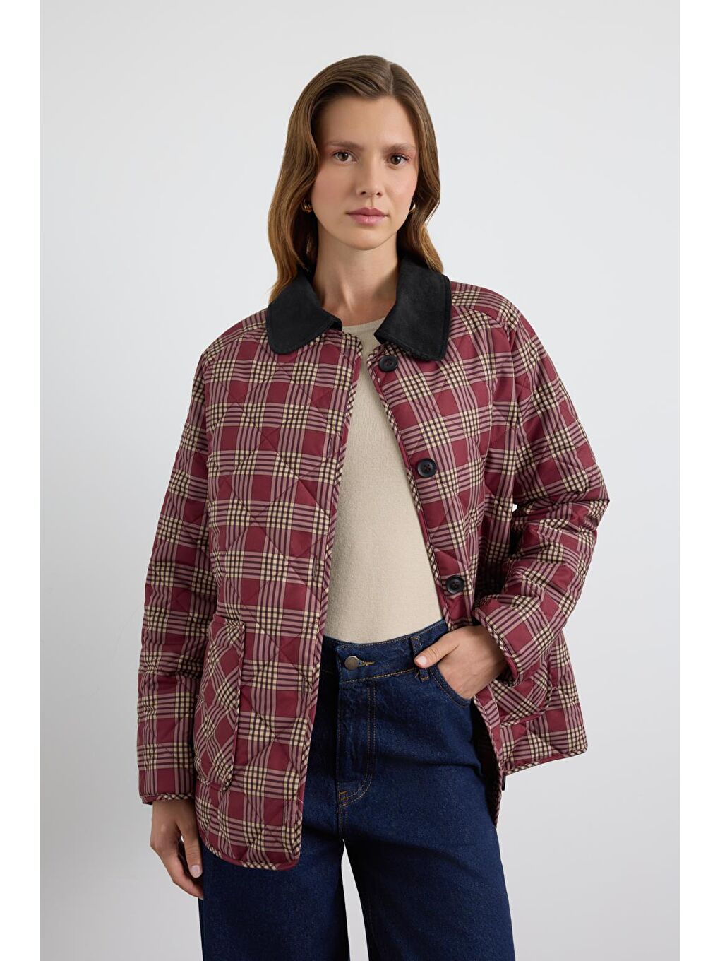 Desenli Kadife Yakalı Kapitone Ceket Mont Bordo-5