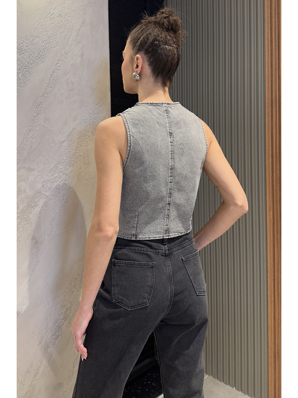 Antrasit Kadın Taşlı Jean Yelek-2