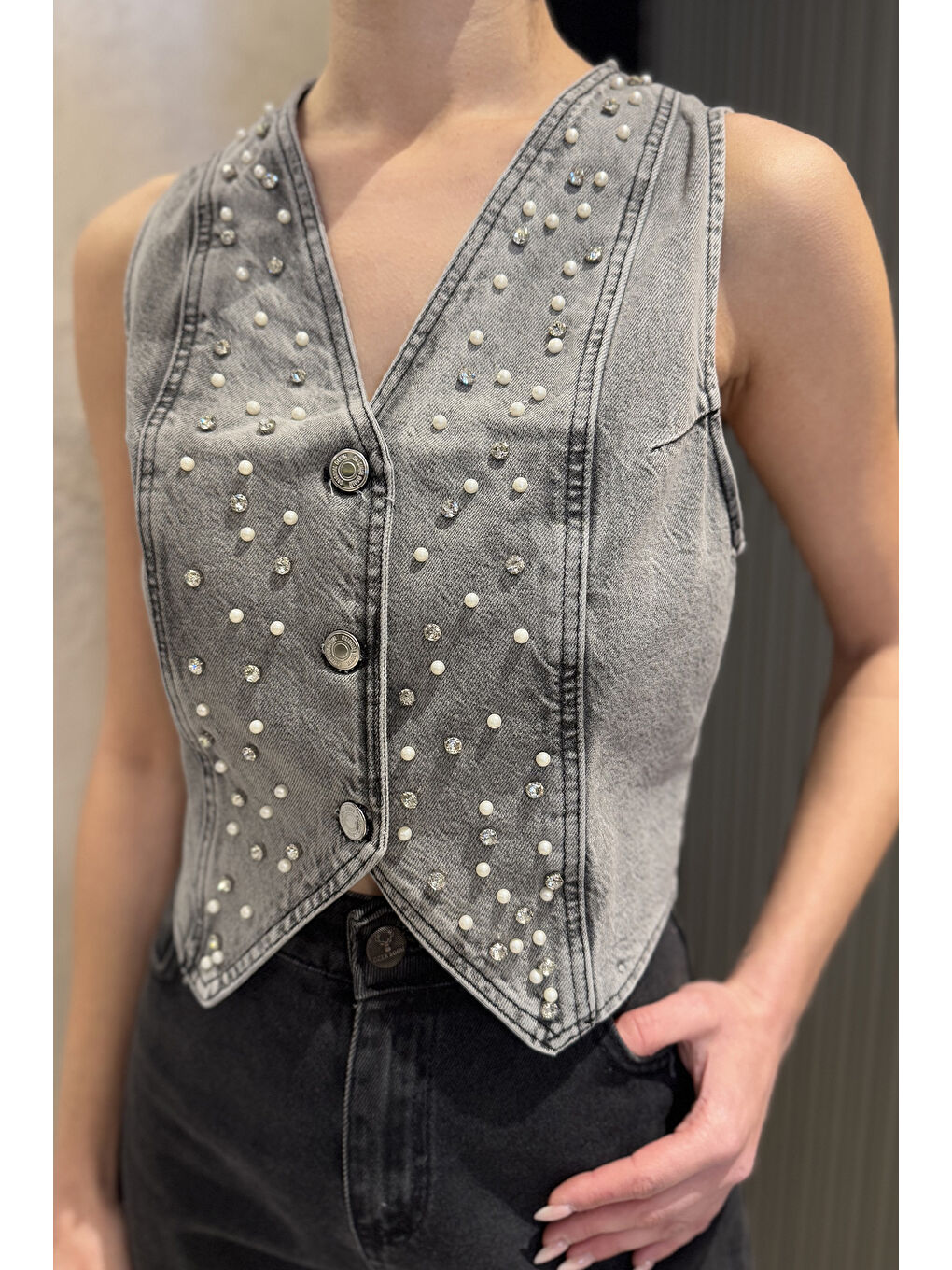 Antrasit Kadın Taşlı Jean Yelek-3