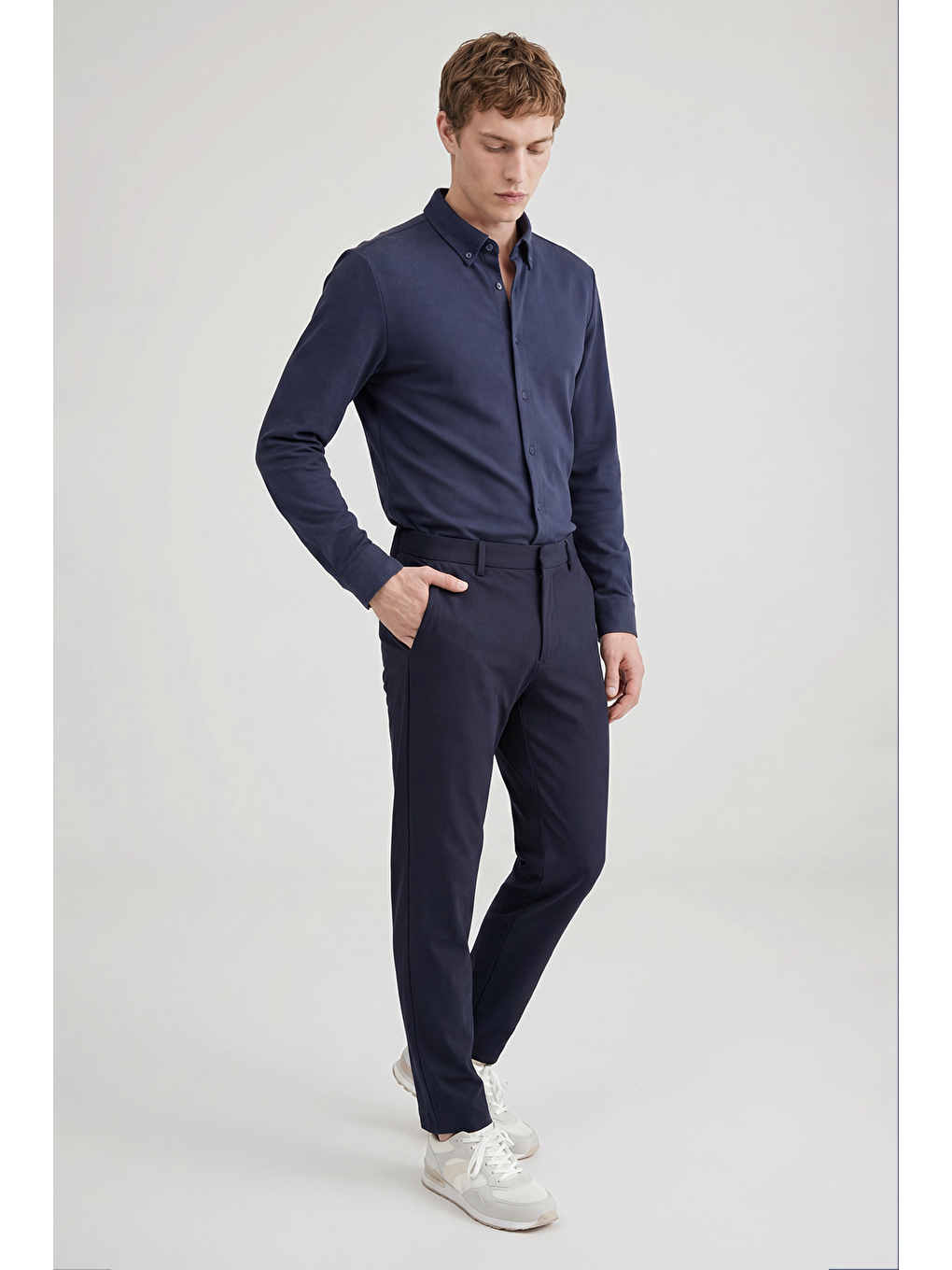 Lacivert Pamuklu Dar Kesim Örme Gömlek-1