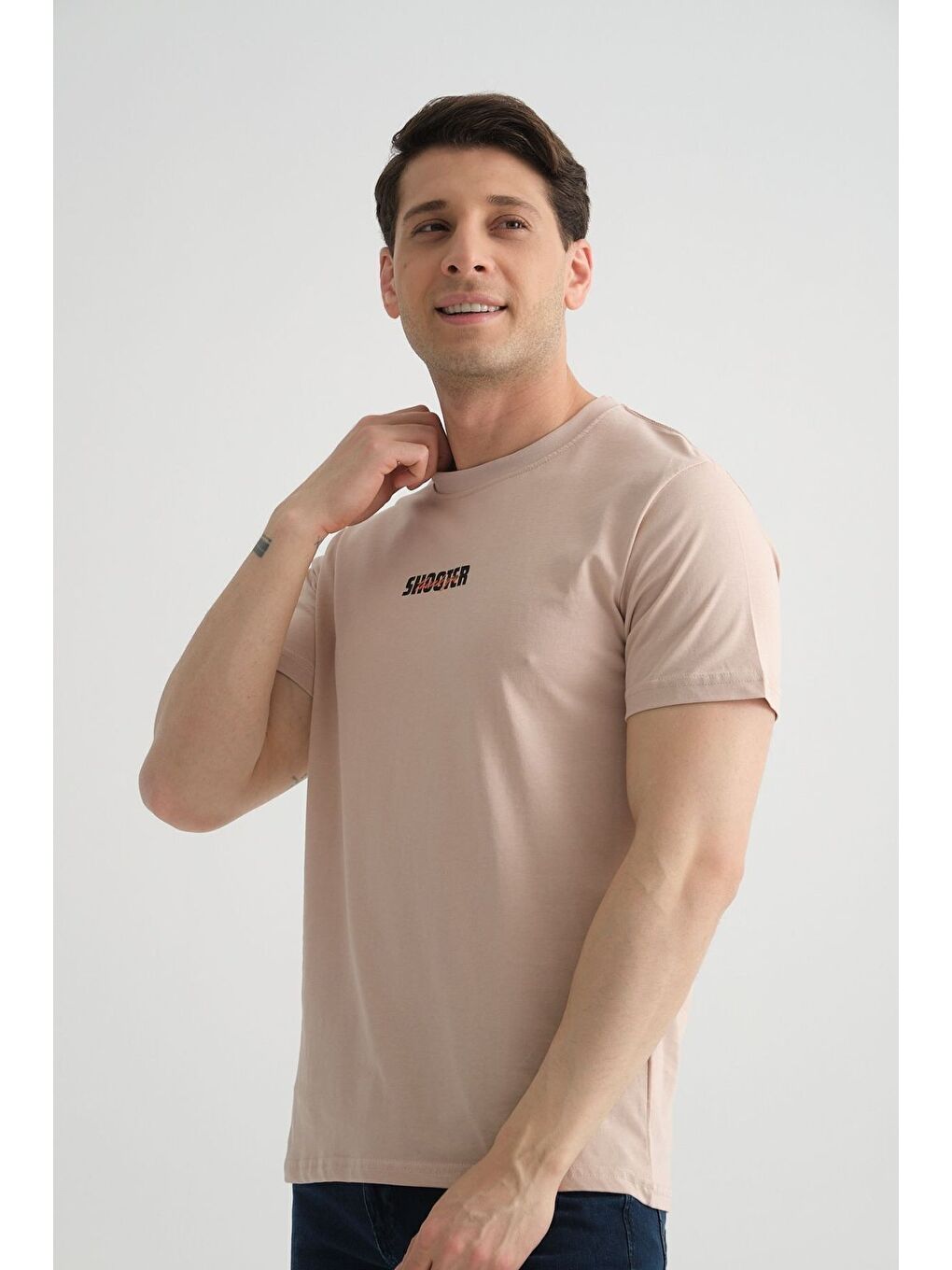 Bej Taş Shooter Erkek T-Shirt Minimal Baskılı Pamuklu Kumaş Standart Kalıp-6