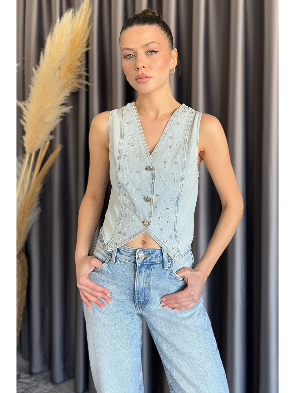 Mavi Kadın Taşlı Jean Yelek