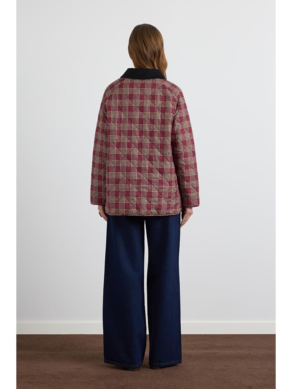 Desenli Kadife Yakalı Kapitone Ceket Mont Bordo-8