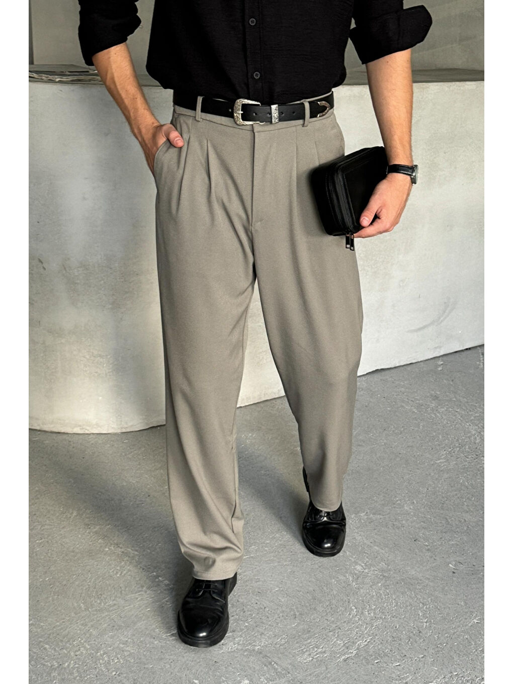 Yeşil Erkek Pileli Baggy Kalıp Kumaş Pantolon-1