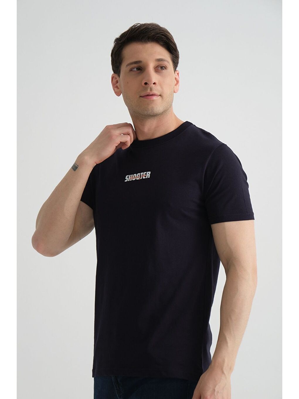 Lacivert Shooter Erkek T-Shirt Minimal Baskılı Pamuklu Kumaş Standart Kalıp