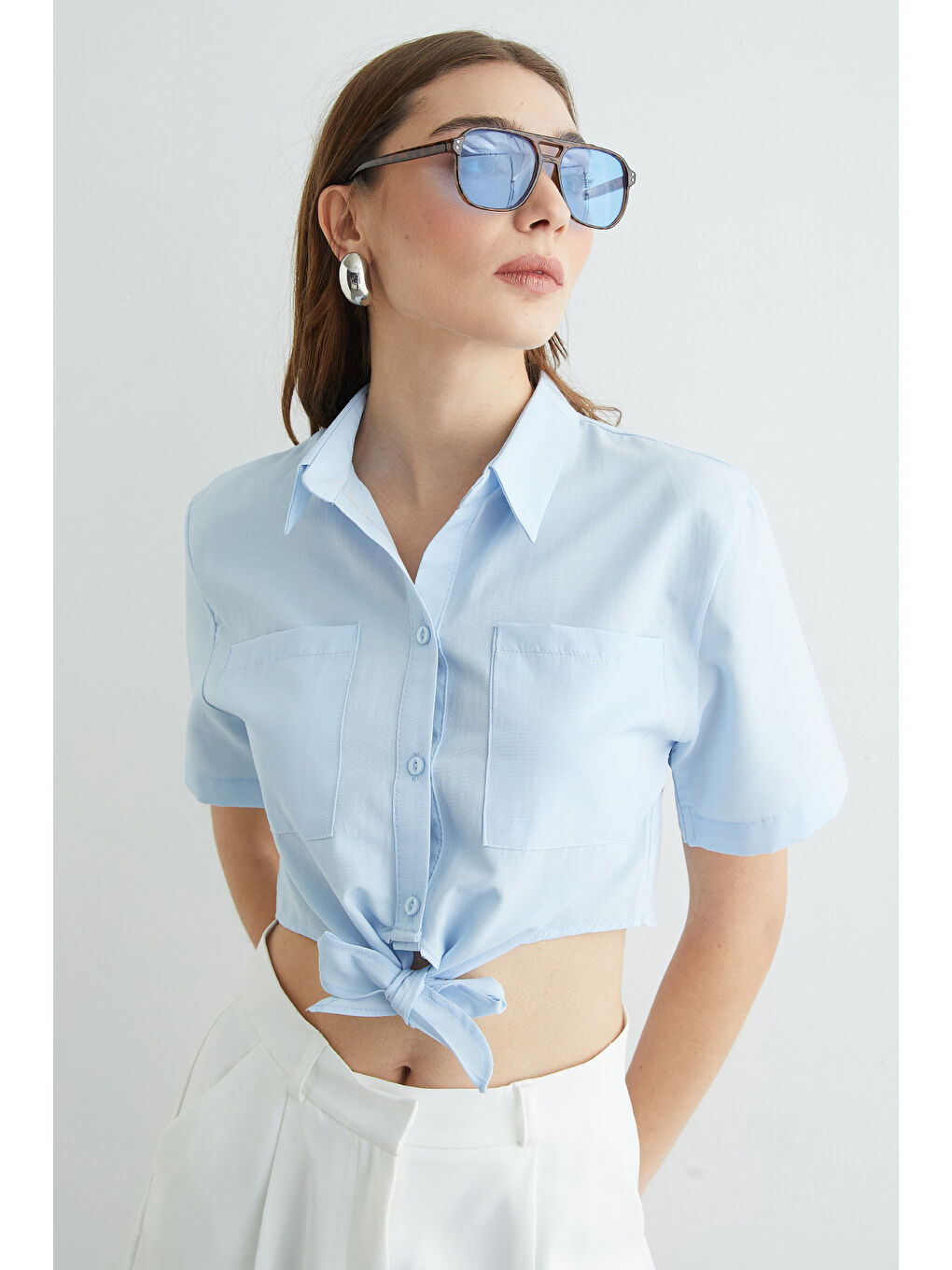 Mavi Önü Bağlamalı Çift Cepli Crop Gömlek-2