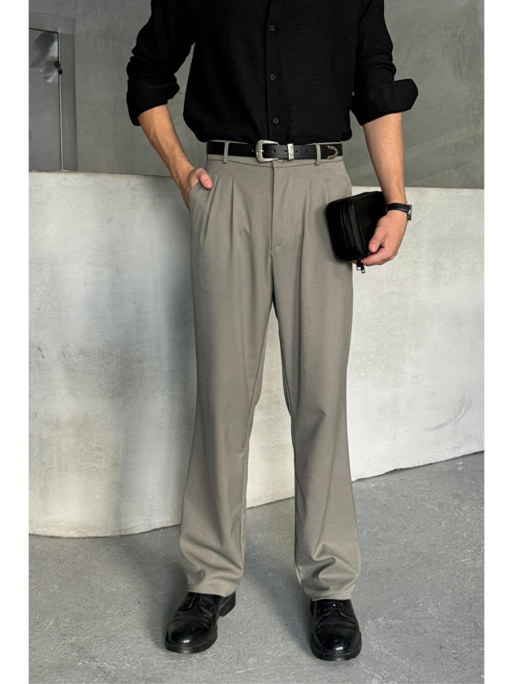 Yeşil Erkek Pileli Baggy Kalıp Kumaş Pantolon-2