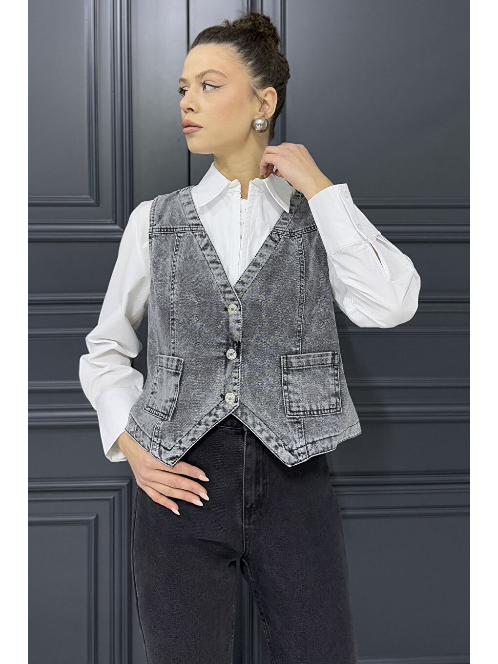 Antrasit Kadın Cepli Jean Yelek-1